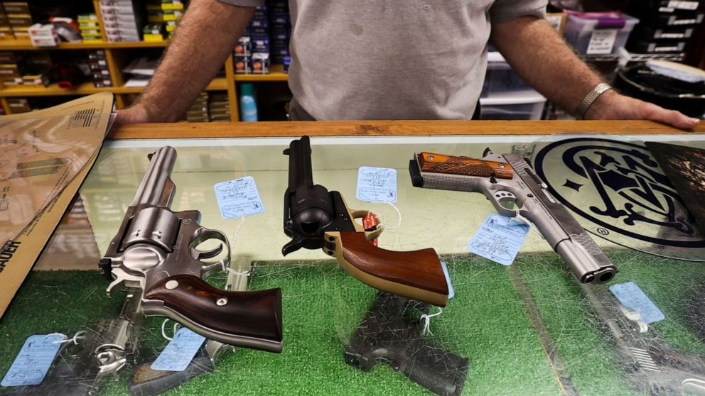 PHOTO: Handguns for sale are displayed at a gun shop in  Glassboro, N.J., May 26, 2022.