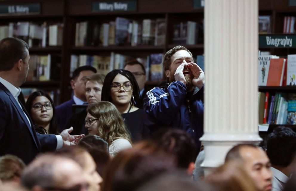 PHOTO: A heckler interrupts former Starbucks CEO and Chairman Howard Schultz during an appearance during Schultz's book tour, Jan. 28, 2019, in New York City.