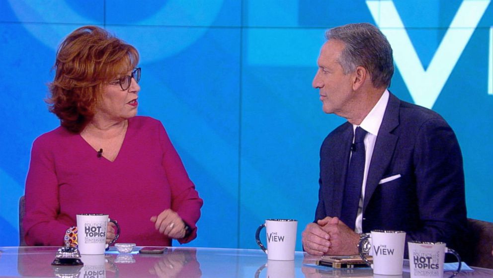 PHOTO: Host Joy Behar talks with Howard Schultz, former CEO of Starbucks during his appearance on ABC's "The View," Jan. 29, 2019.