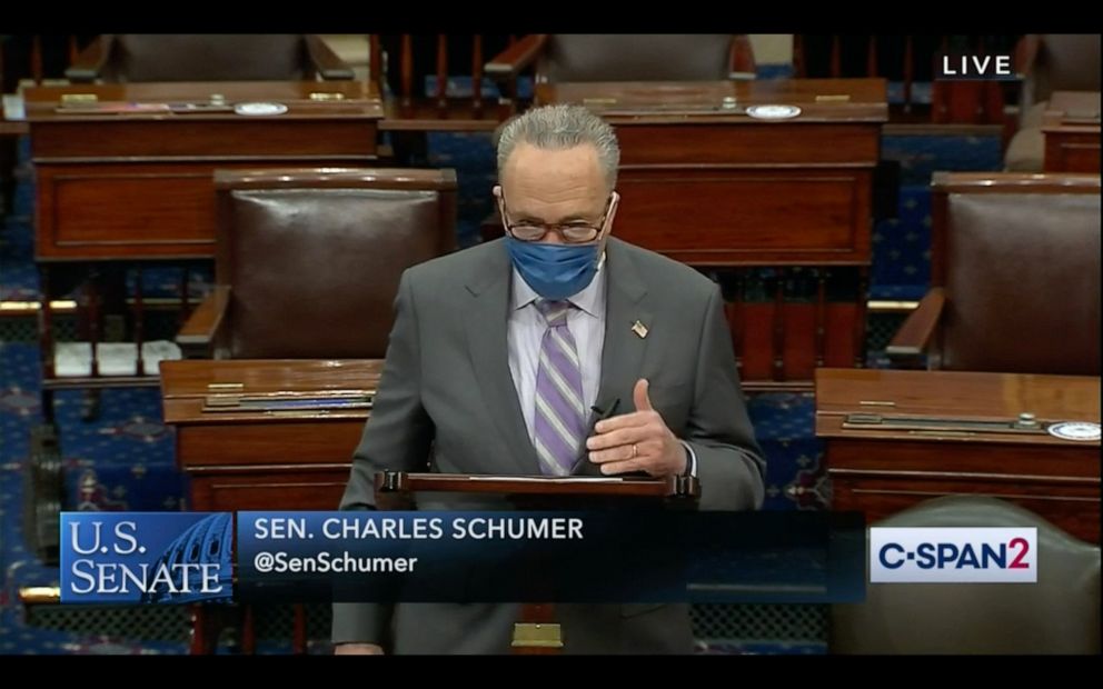 PHOTO: Sen. Chuck Schumer speaks on the floor of the senate, May 13, 2020.