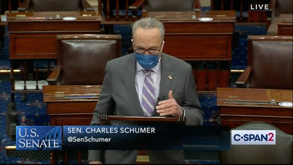 PHOTO: Sen. Chuck Schumer speaks on the floor of the senate, May 13, 2020.