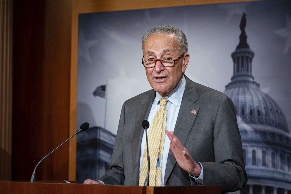PHOTO: Sen. Chuck Schumer speaks during a news conference on expanding housing eviction protections in the U.S. Capitol in Washington, D.C., July 22, 2020.