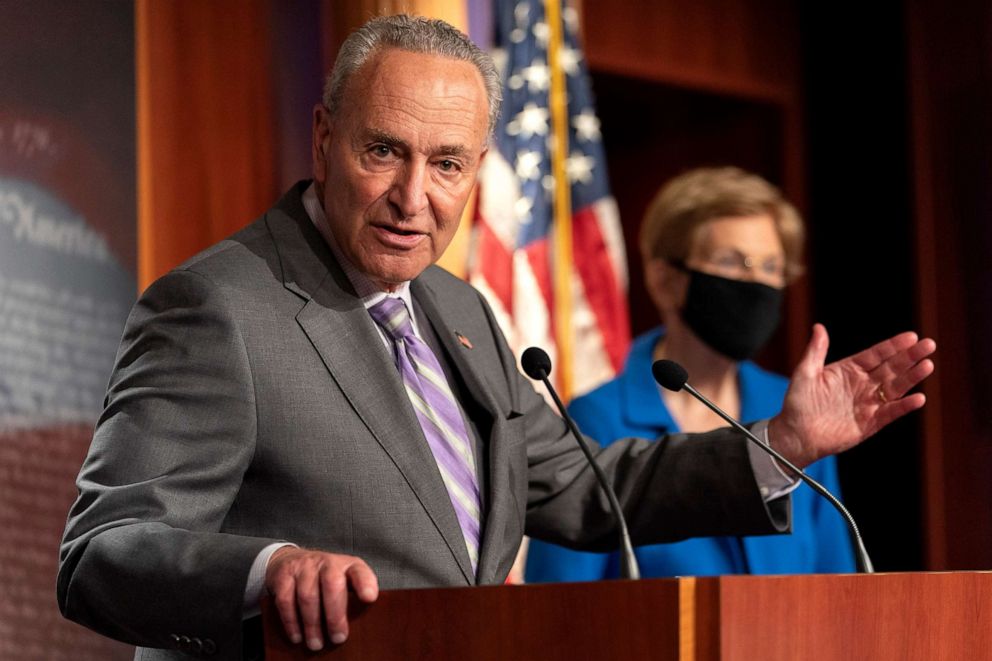 PHOTO: Senate Minority Leader Sen. Chuck Schumer speaks during a news conference, on Capitol Hill in Washington, Wednesday, Sept. 9, 2020.