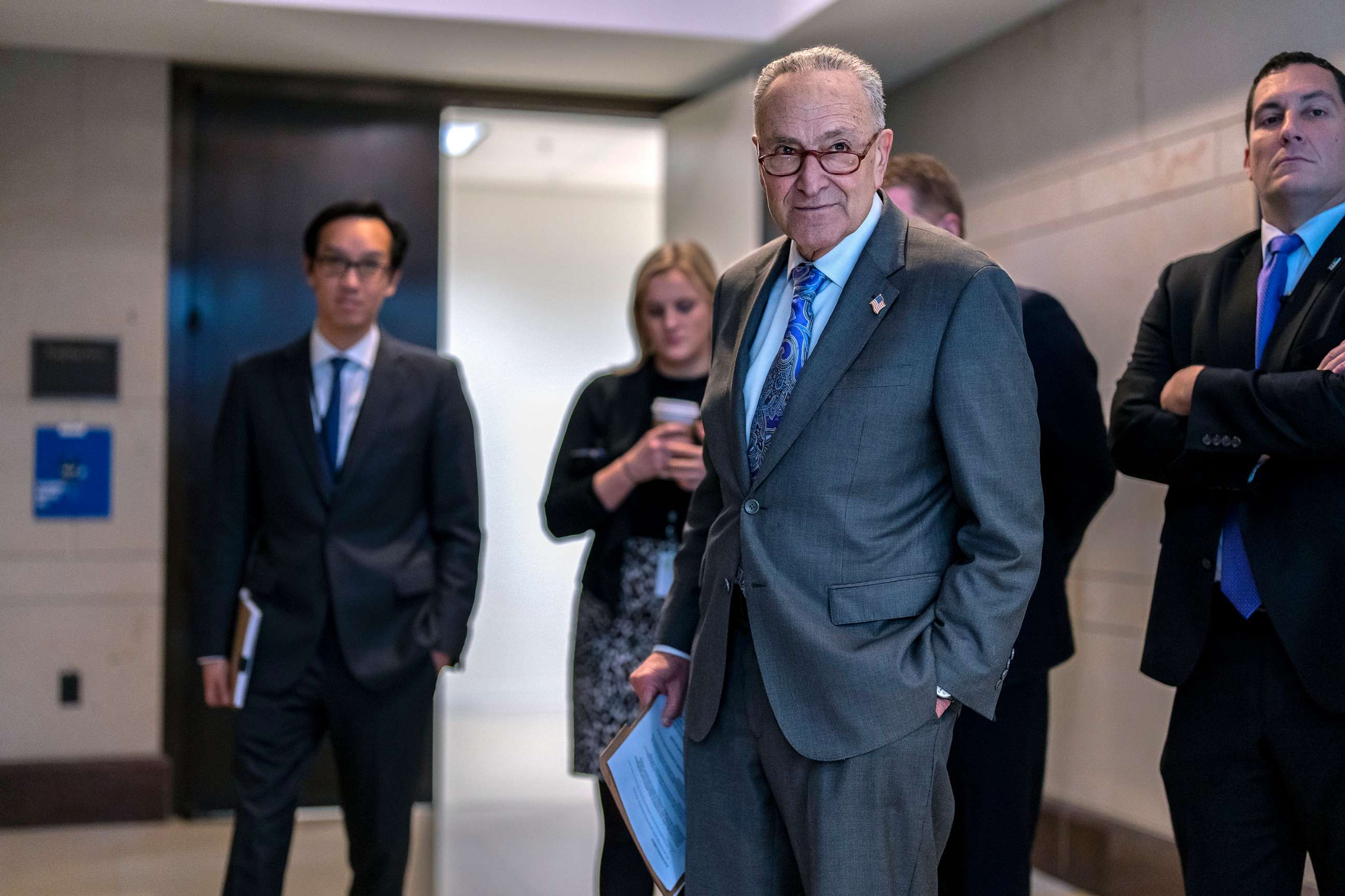 PHOTO: Senate Majority Leader Chuck Schumer leaves an intelligence briefing for senators on the unknown aerial objects the U.S. military shot down this weekend at the Capitol, Feb. 14, 2023.