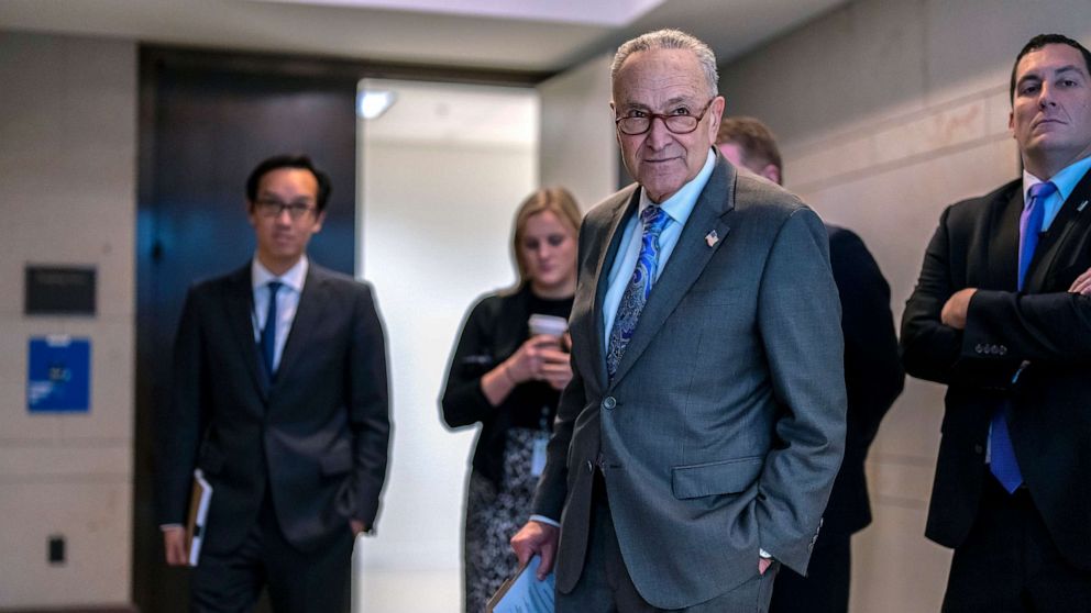 PHOTO: Senate Majority Leader Chuck Schumer leaves an intelligence briefing for senators on the unknown aerial objects the U.S. military shot down this weekend at the Capitol, Feb. 14, 2023.