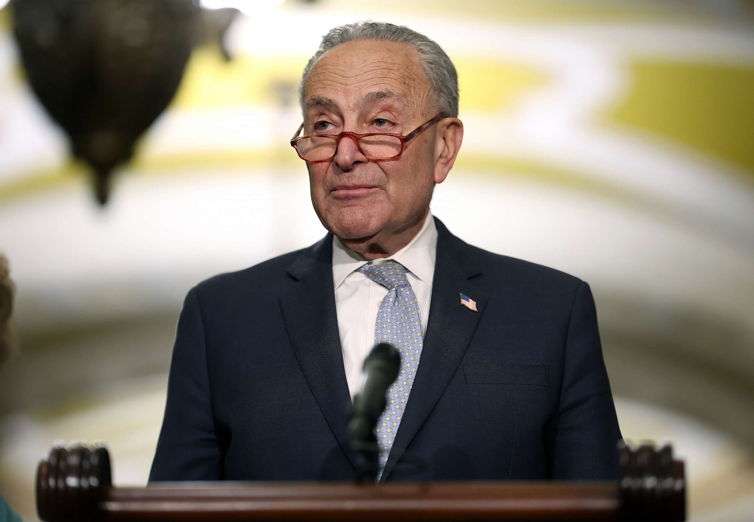 PHOTO: Senate Majority Leader Charles Schumer speaks to reporters following the weekly Senate policy luncheons at the Capitol, June 13, 2023.