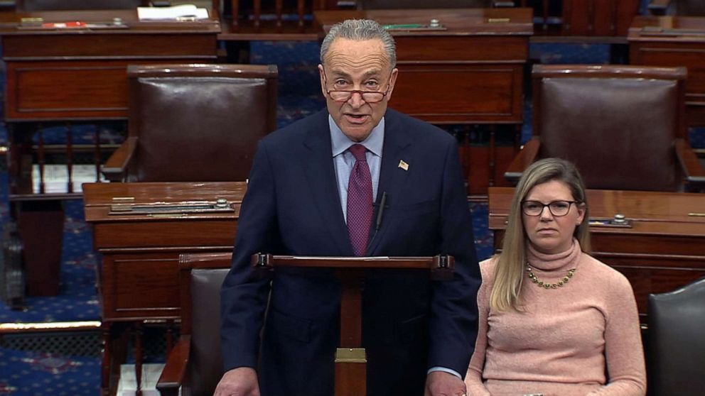 PHOTO: Sen. Minority Leader Chuck Schumer speaks on the floor of the Senate, Dec. 19, 2019, the day after the house voted to impeach President Donald Trump.