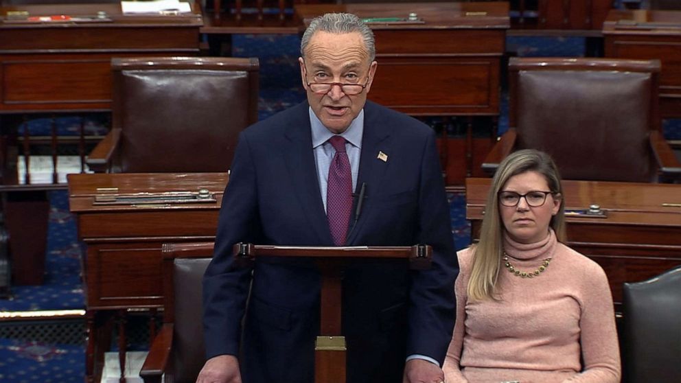 PHOTO: Sen. Minority Leader Chuck Schumer speaks on the floor of the Senate, Dec. 19, 2019, the day after the house voted to impeach President Donald Trump.