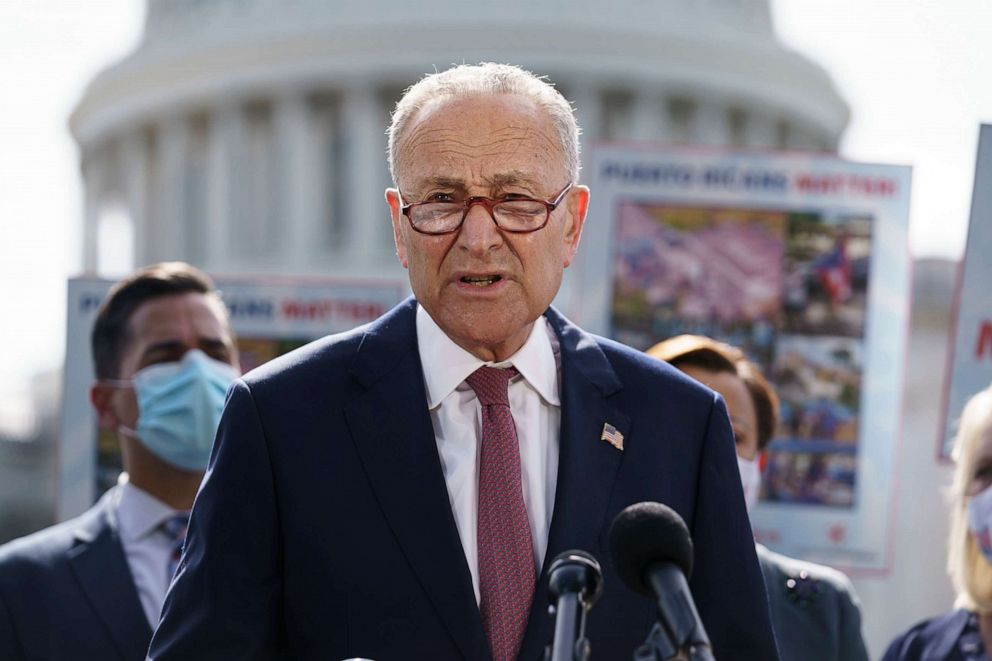 PHOTO: Senate Majority Leader Chuck Schumer, joins advocates for Puerto Rico, which still suffers from the effects of Hurricane Maria in 2017, at the Capitol, Sept. 20, 2021.