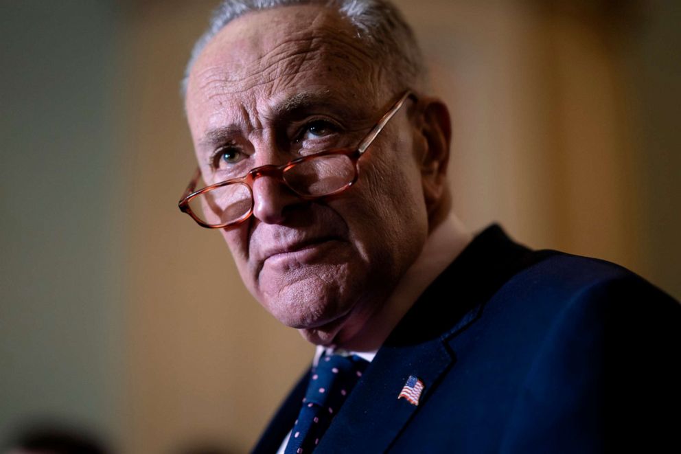 PHOTO: Senate Majority Leader Chuck Schumer meets with reporters at the Capitol in Washington, March 29, 2022.