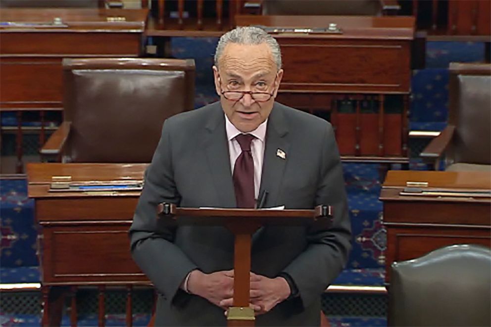 PHOTO: Senate Majority Leader Chuck Schumer speaks on the Senate floor, May 3, 2022, at the Capitol in Washington. "This is as urgent and real as it gets," Schumer said on the Senate floor Tuesday.