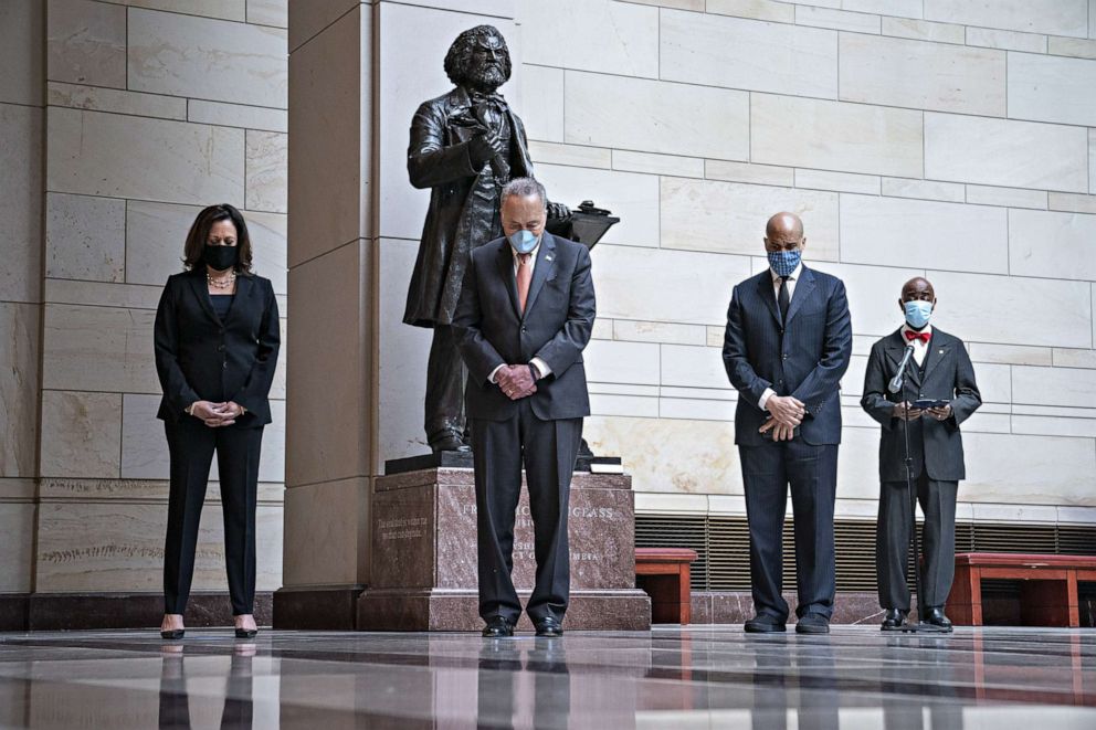 PHOTO: Senate Democrats participate in a moment of silence to honor George Floyd and the Black Lives Matter movement in Emancipation Hall of the U.S. Capitol, on June 4, 2020, in Washington.