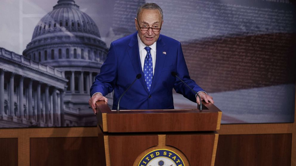 PHOTO: Senate Majority Leader Chuck Schumer speaks during a press conference on Capitol Hill in Washington, D.C., Aug. 7, 2022.