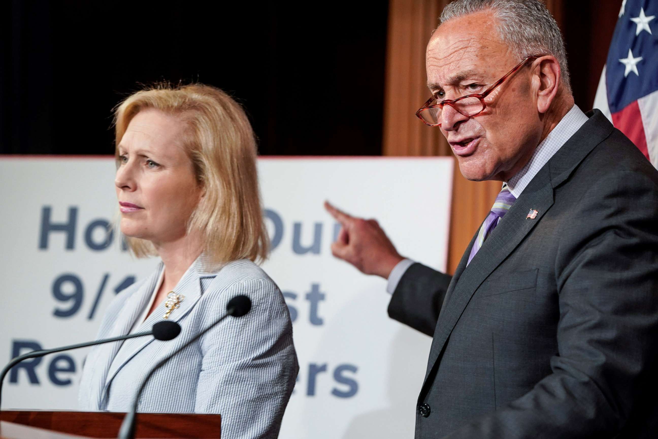 PHOTO: Senators Kirsten Gillibrand and Senate Minority Leader Chuck Schumer call for a vote for a fund for September 11 first responders during media briefing on Capitol Hill in Washington, D.C., July 17, 2019.