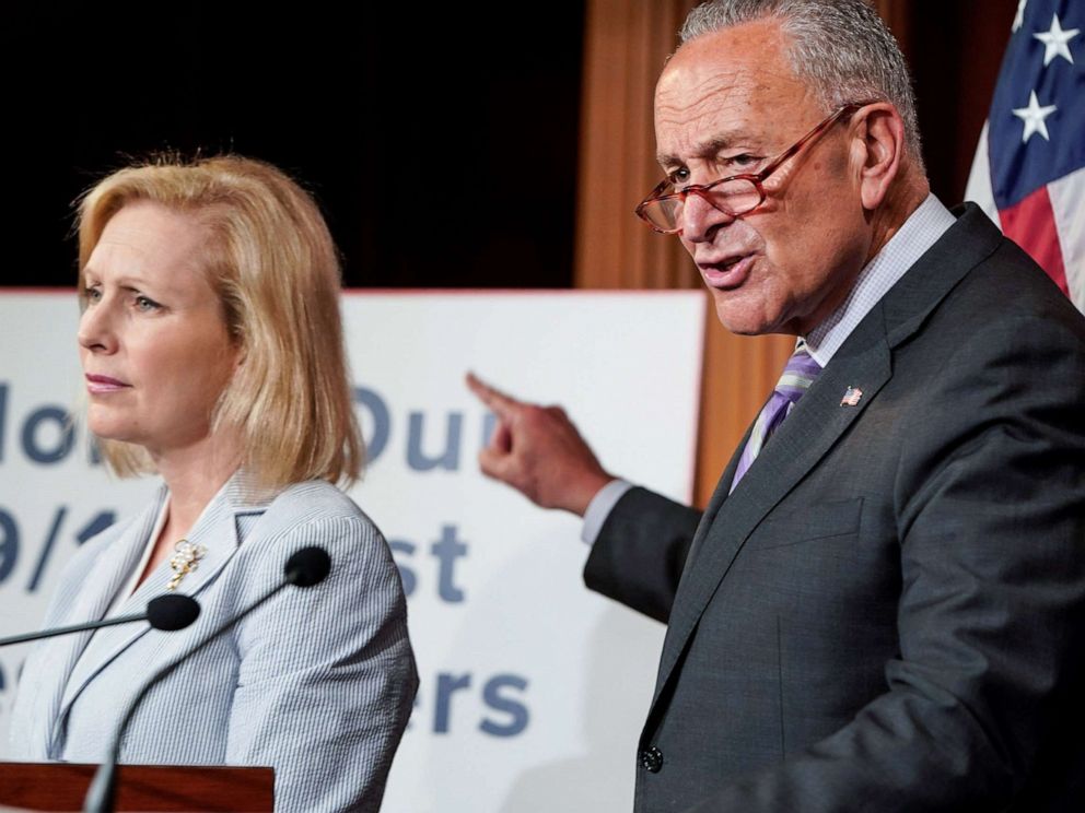 PHOTO: Senators Kirsten Gillibrand and Senate Minority Leader Chuck Schumer call for a vote for a fund for September 11 first responders during media briefing on Capitol Hill in Washington, D.C., July 17, 2019.