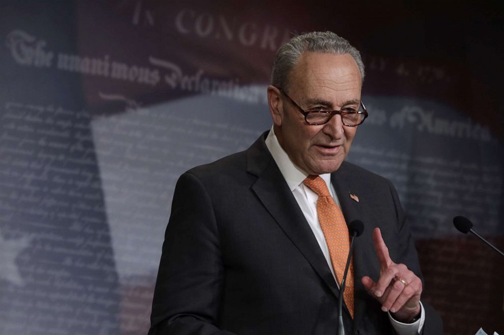 PHOTO: Senate Minority Leader Sen. Chuck Schumer speaks during a news briefing at the Capitol Hill, May 12, 2020 in Washington.