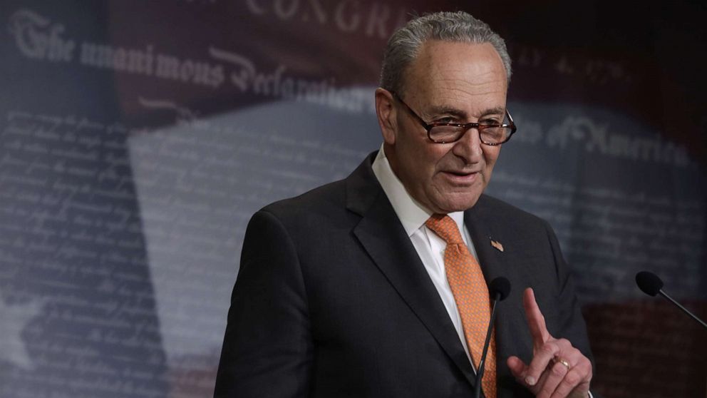 PHOTO: Senate Minority Leader Sen. Chuck Schumer speaks during a news briefing at the Capitol Hill, May 12, 2020 in Washington.