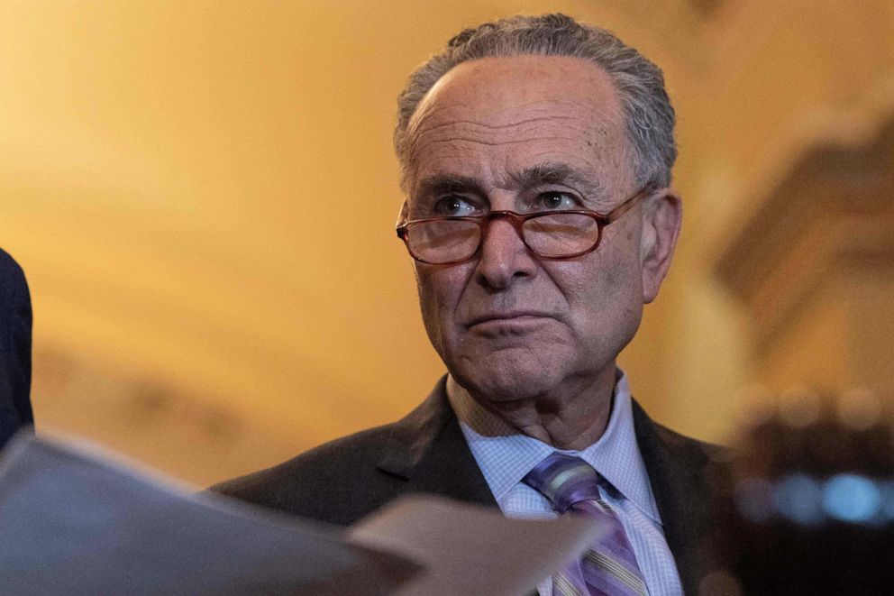 PHOTO: Senate Minority Leader Chuck Schumer looks on during a press conference after the Democratic weekly policy lunch at the Capitol, May 14, 2019. 