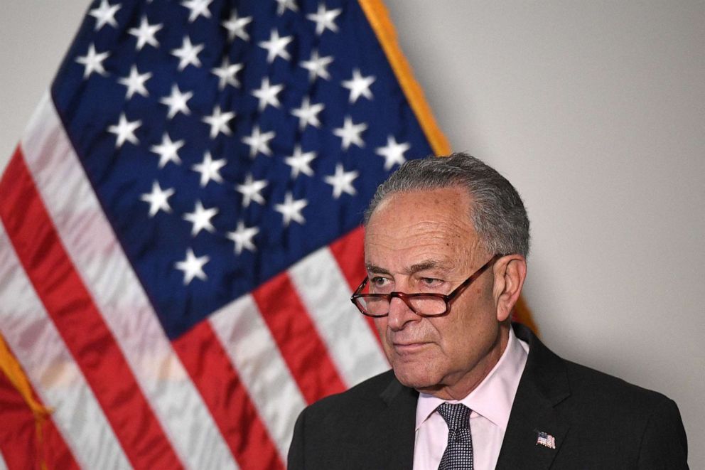 PHOTO: Senate Majority Leader Chuck Schumer speaks at a news conference following a policy luncheon meeting with other Senate Democrats on Capitol Hill, May 25, 2021.