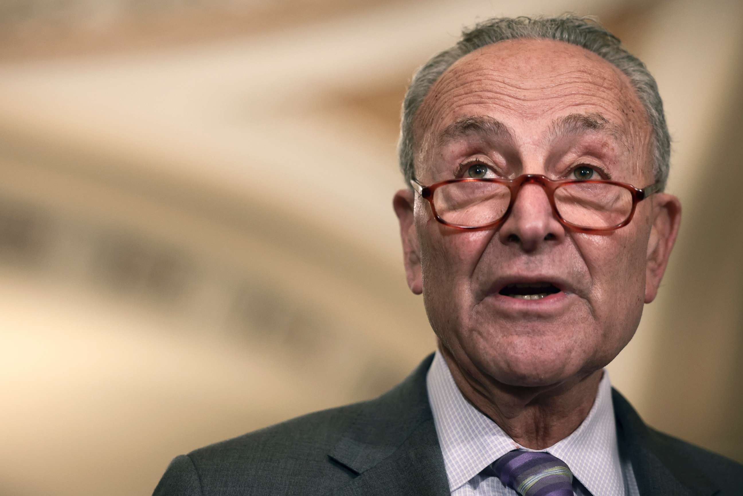 PHOTO: Senate Majority Leader Chuck Schumer addresses reporters following a weekly Democratic policy luncheon, Oct. 5, 2021, in Washington, D.C. 