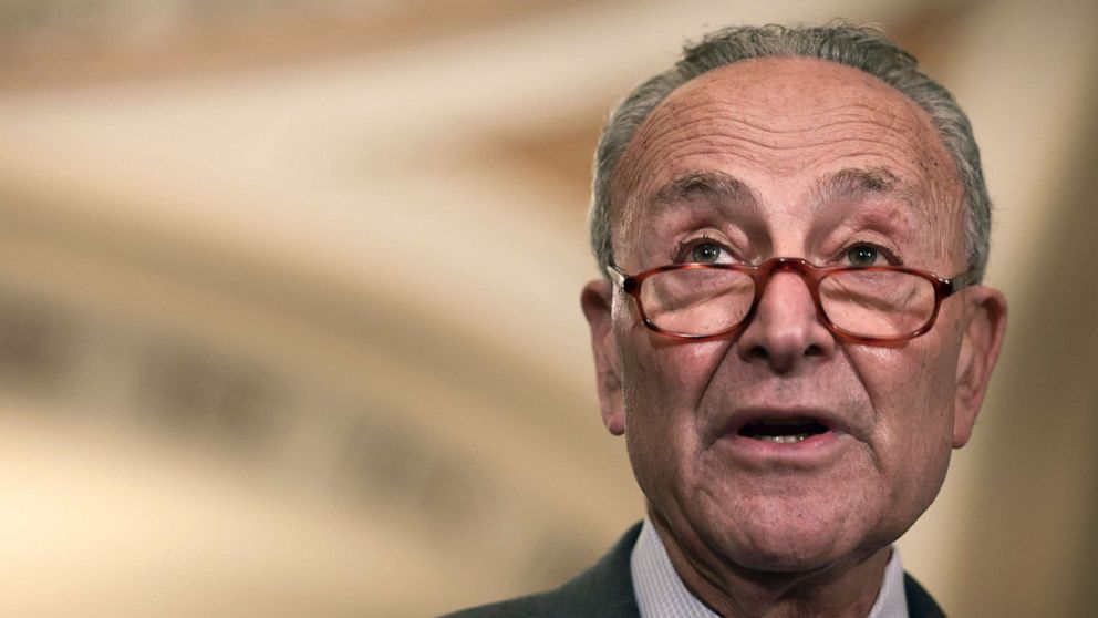 PHOTO: Senate Majority Leader Chuck Schumer addresses reporters following a weekly Democratic policy luncheon, Oct. 5, 2021, in Washington, D.C. 