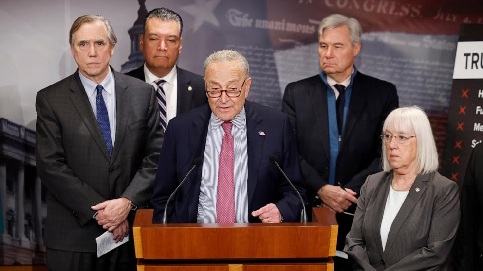 PHOTO: Senate Minority Leader Chuck Schumer speaks alongside democratic members of the Senate Budget Committee at the Capitol, Jan.30, 2025, in Washington, D.C.