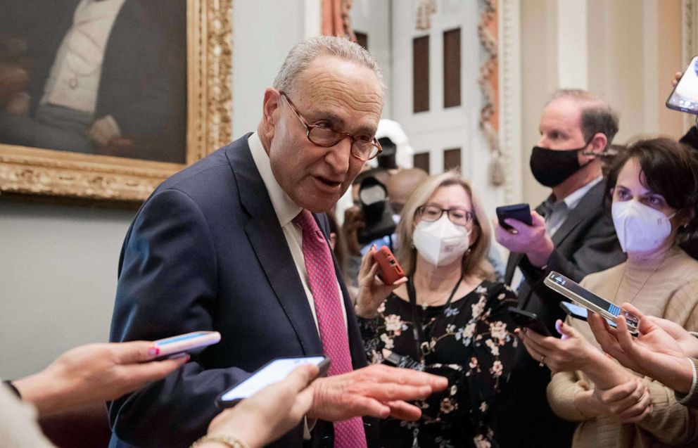 PHOTO: Senate Majority Leader Chuck Schumer speaks with the press at the U.S. Capitol in Washington, D.C., Feb. 17, 2022.
