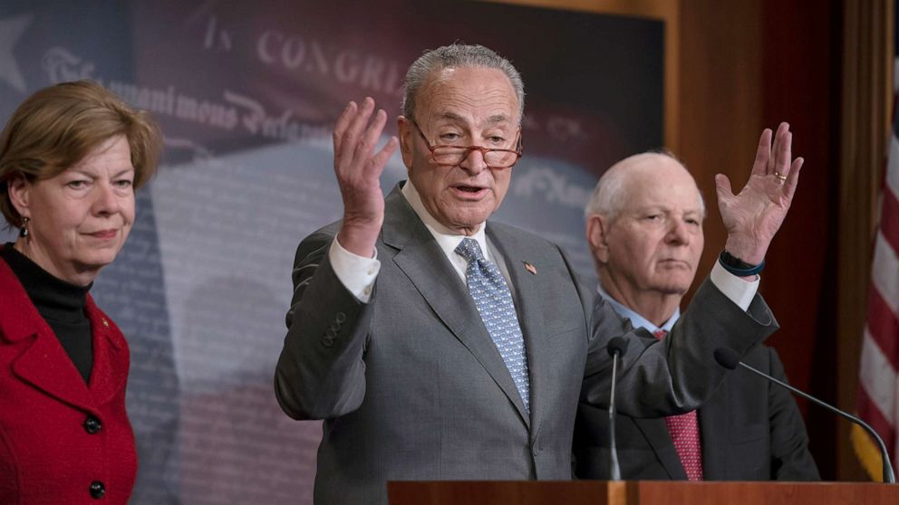 PHOTO: Senate Minority Leader Chuck Schumer, D-N.Y. speaks during a news conference about the impeachment trial of President Donald Trump on charges of abuse of power and obstruction of Congress, at the Capitol, Jan. 27, 2020.