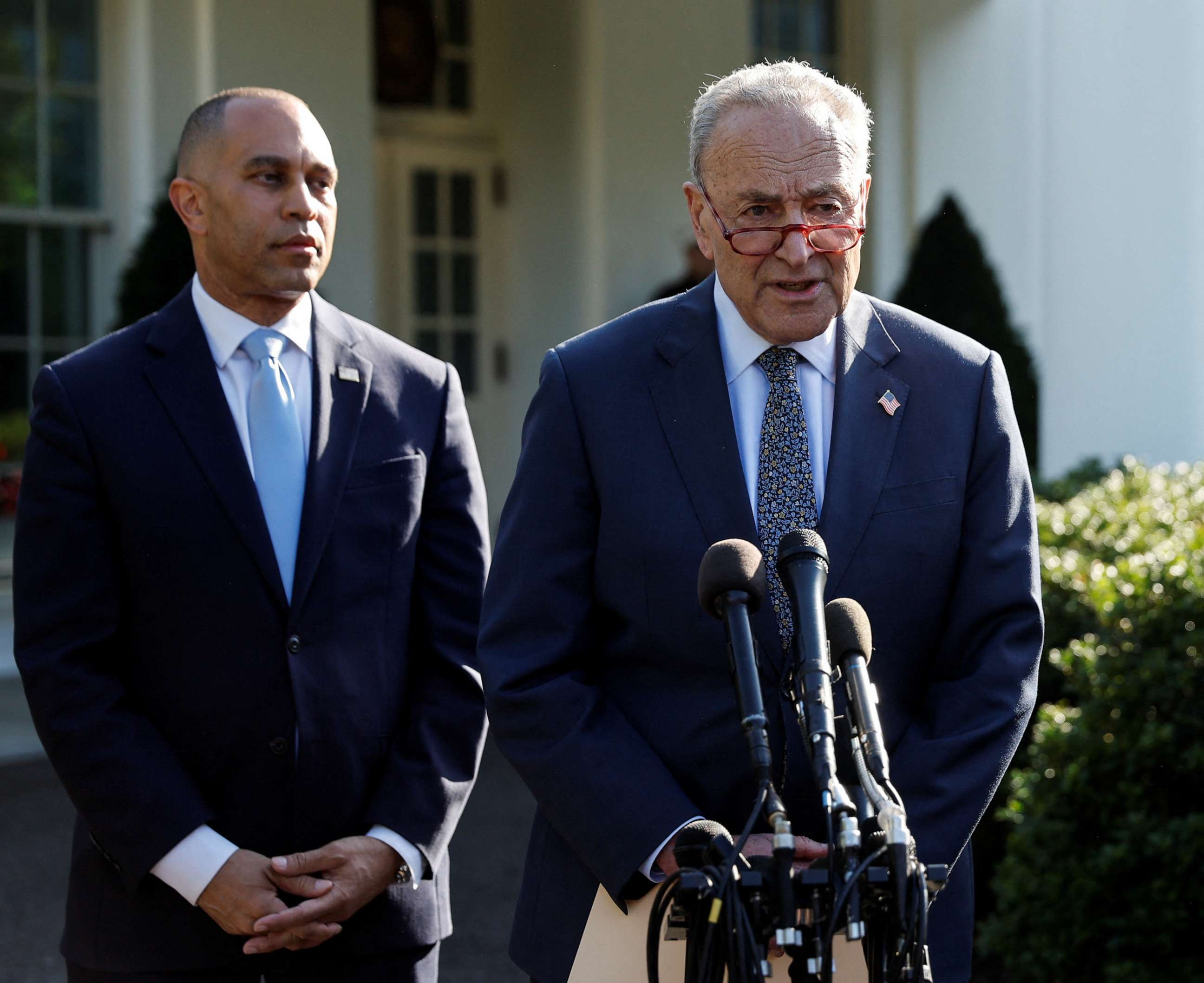 PHOTO: House Democratic Leader Hakeem Jeffries (D-NY) and Senate Majority Leader Chuck Schumer (D-NY) face reporters following debt limit talks with President Joe Biden and Congressional leaders at the White House in Washington, May 9, 2023.