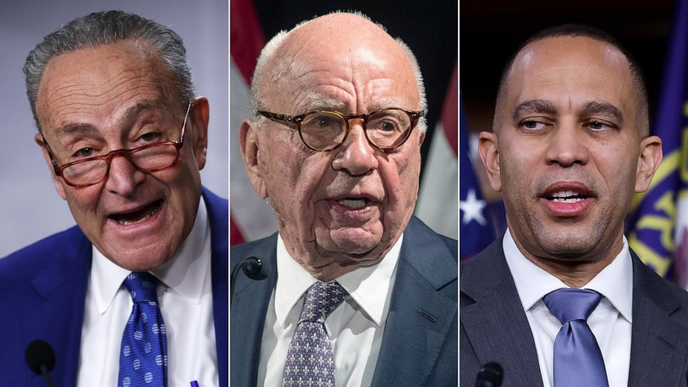 PHOTO: From left, Senate Majority Leade Chuck Schumer, Chairman of Fox Corp. Rupert Murdoch, and House Minority Leader Hakeem Jeffries.