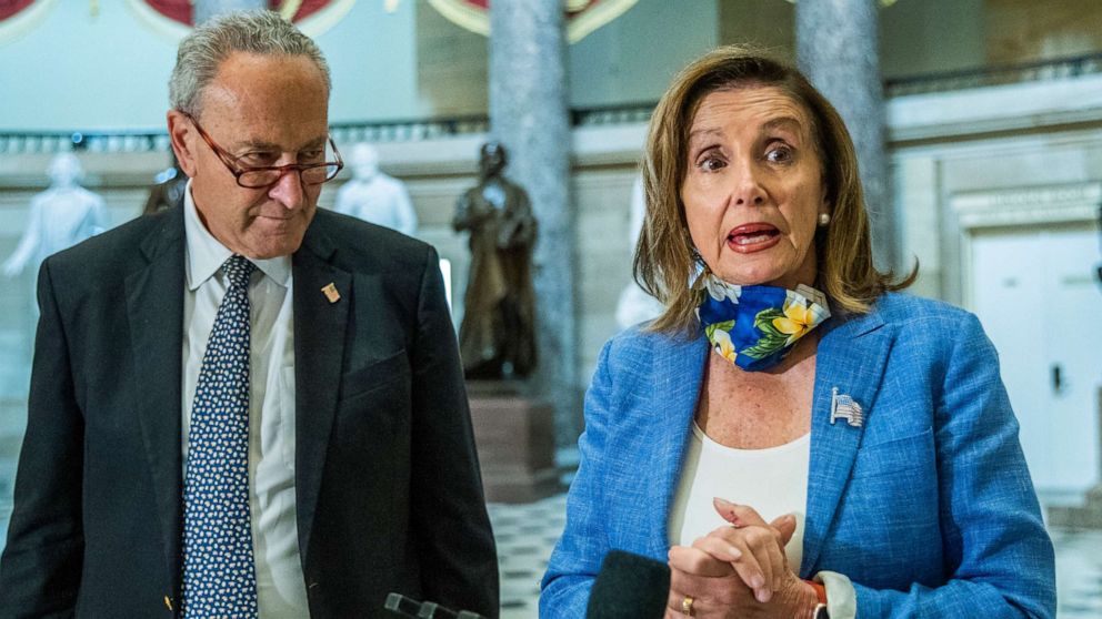PHOTO: House Speaker Nancy Pelosi, with Senate Minority Leader Chuck Schumer, speaks to reporters following a meeting at the Capitol on a COVID-19 relief bill, Aug. 1, 2020, in Washington.
