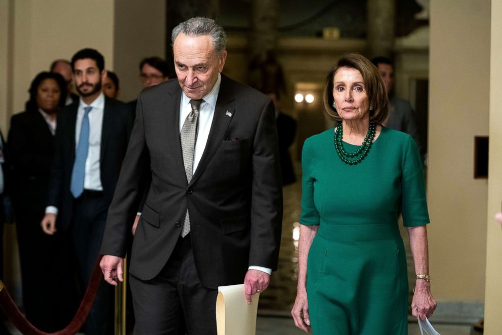 PHOTO: Nancy Pelosi, right, and Chuck Schumer arrive to speak to the media as lawmakers prepare to vote on a new budget resolution to avert a government shutdown at the US Capitol in Washington, Dec. 20, 2018.