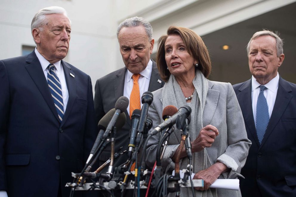 PHOTO: Speaker of the House Nancy Pelosi (2nd R), Senate Democratic Leader Chuck Schumer (2nd L), House Democratic Whip Steny Hoyer (L) and Senate Democratic Whip Dick Durbin (R) speak to the media  at the White House, Jan. 9, 2019. 