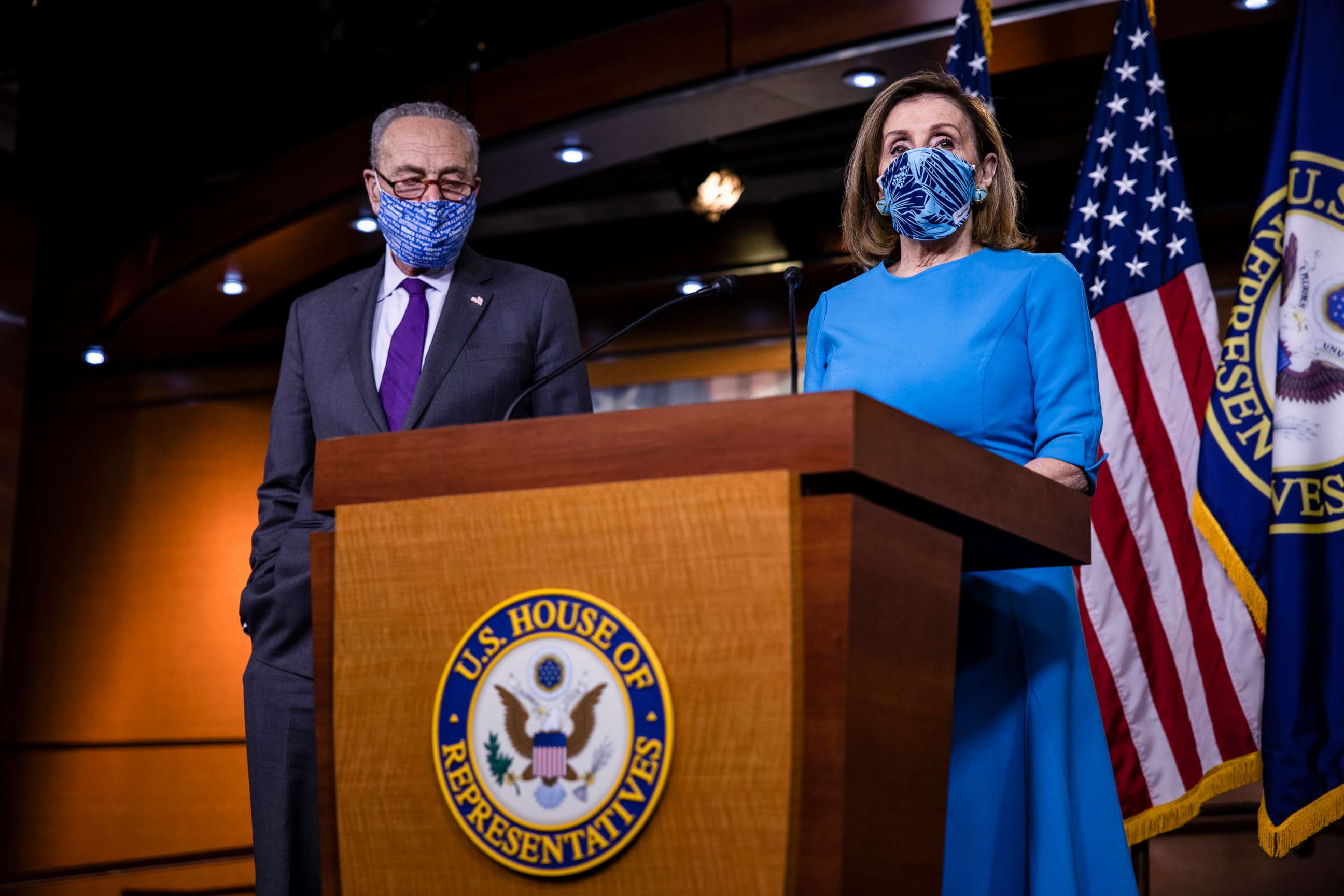 PHOTO: Speaker of the House Nancy Pelosi speaks alongside Senate Minority Leader Chuck Schumer during a joint press conference at the U.S. Capitol, Nov. 12, 2020, in Washington, DC.