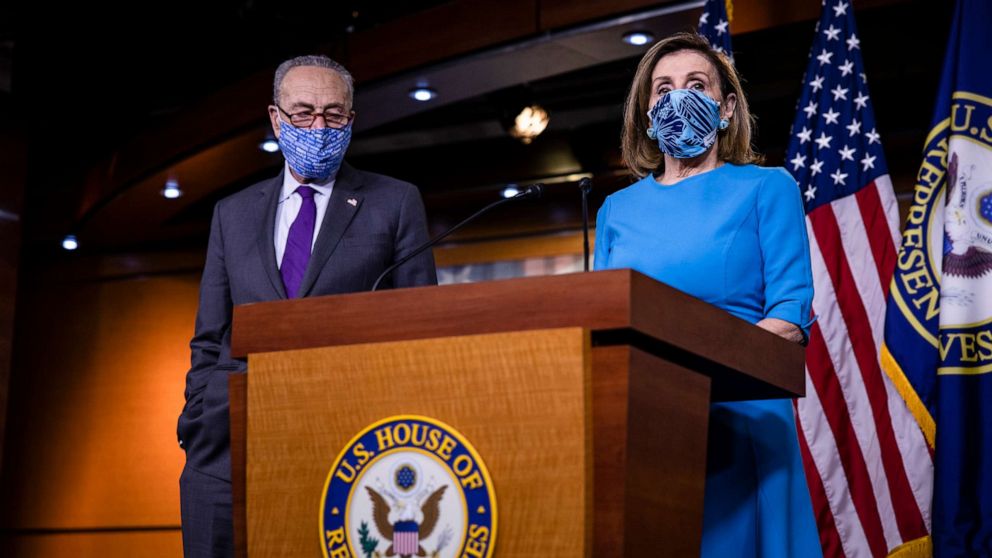 PHOTO: Speaker of the House Nancy Pelosi speaks alongside Senate Minority Leader Chuck Schumer during a joint press conference at the U.S. Capitol, Nov. 12, 2020, in Washington, DC.
