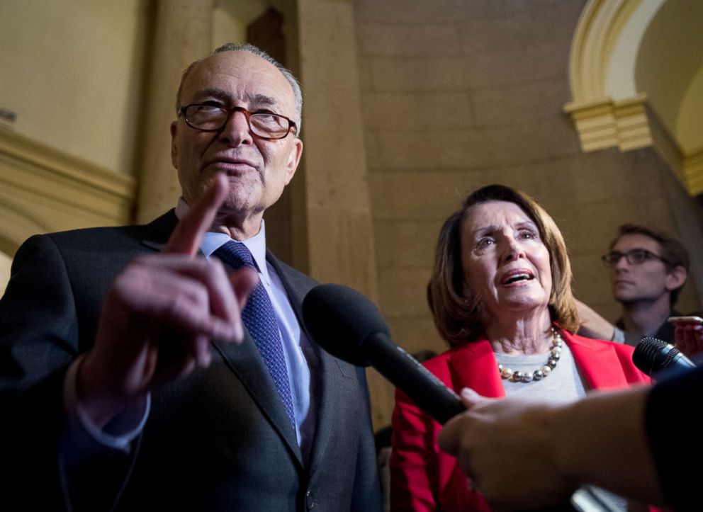 PHOTO: Senate Minority Leader Chuck Schumer and House Minority Leader Nancy Pelosi speak to reporters following a meeting of House and Senate leaders, March 21, 2018, in Washington.