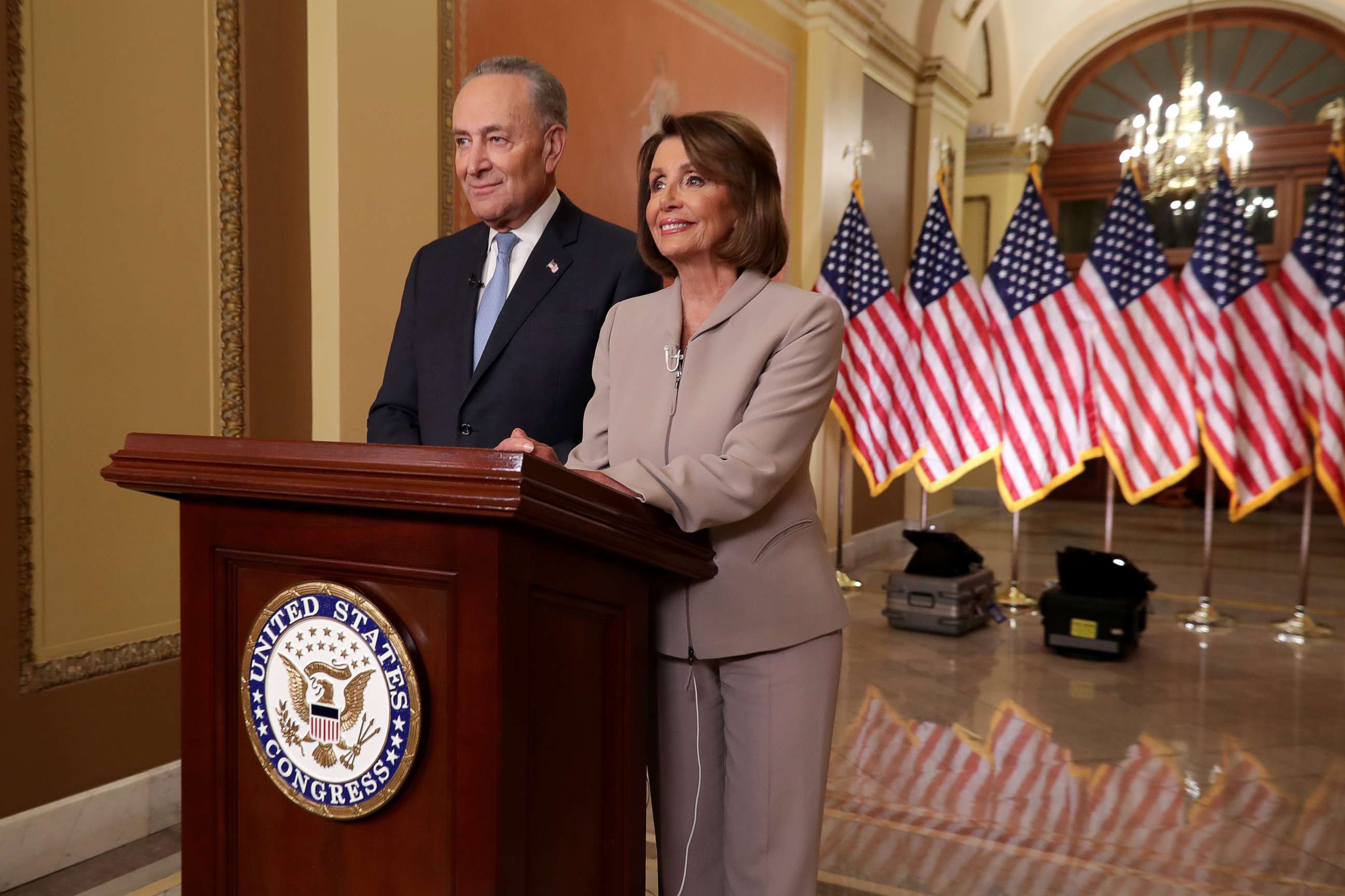 PHOTO: House Speaker Nancy Pelosi and Senate Minority Leader Chuck Schumer speak on Capitol Hill in response to President Donald Trump's prime-time address on border security, Jan. 8, 2019, in Washington.