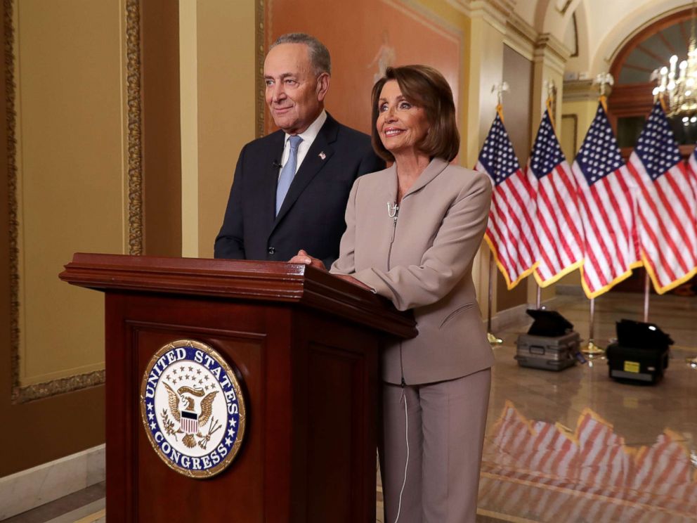 PHOTO: House Speaker Nancy Pelosi and Senate Minority Leader Chuck Schumer speak on Capitol Hill in response to President Donald Trumps prime-time address on border security, Jan. 8, 2019, in Washington.