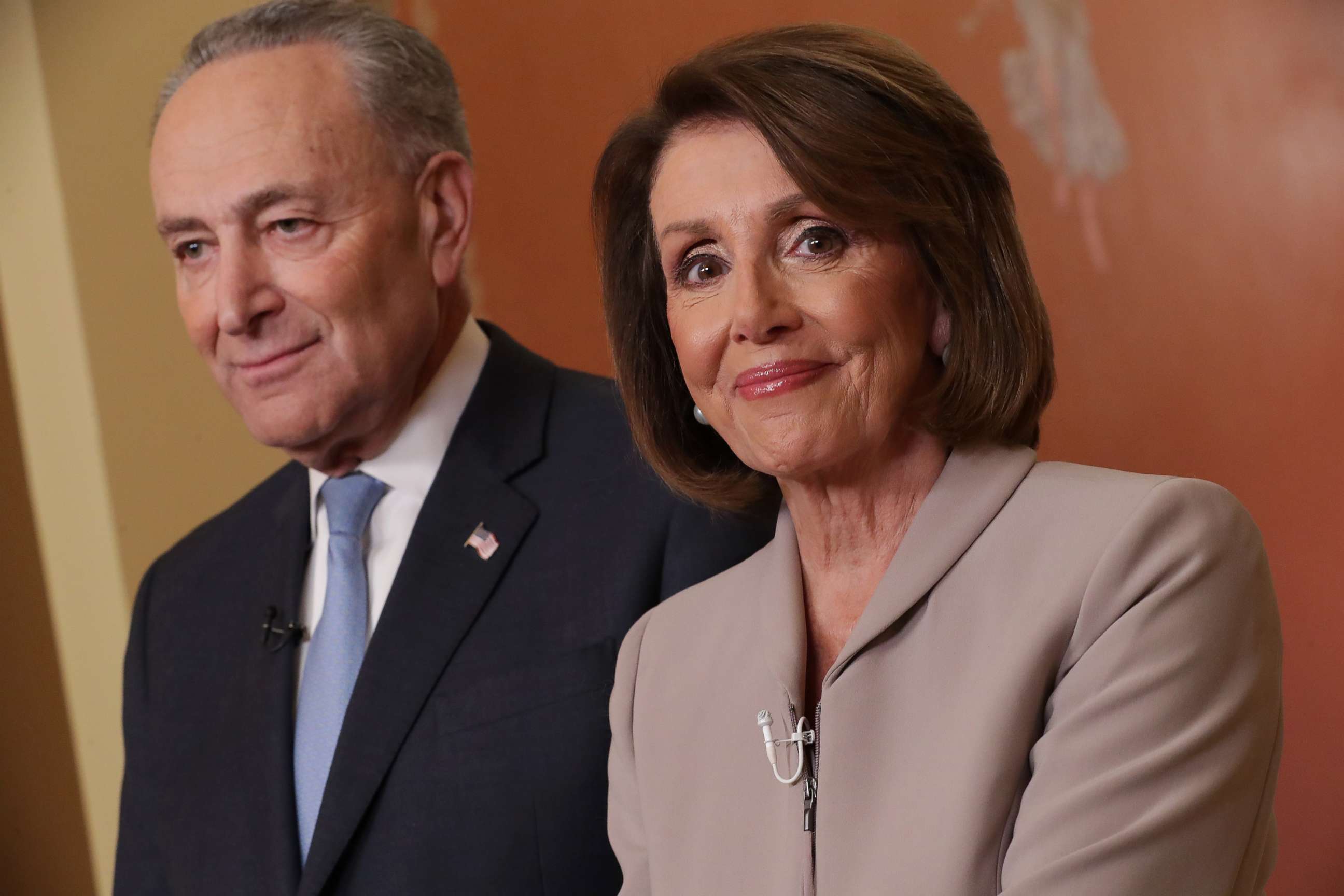 PHOTO: House Speaker Nancy Pelosi and Senate Minority Leader Chuck Schumer speak on Capitol Hill in response to President Donald Trump's prime-time address on border security, Jan. 8, 2019, in Washington.