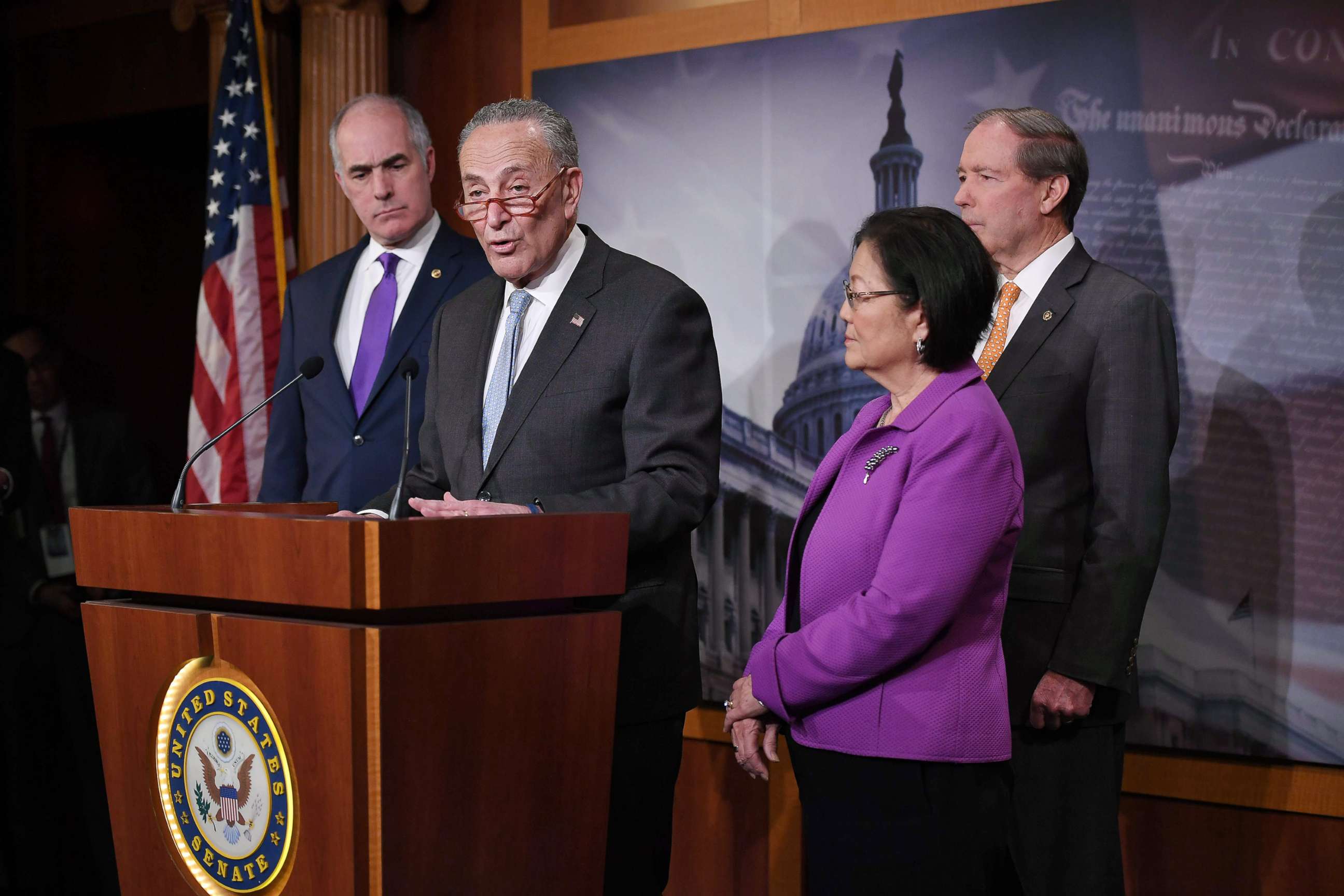 PHOTO: Senate Minority Leader Chuck Schumer speaks to the press ahead of opening statement in the impeachment trial of President Donald Trump, at the U.S. Capitol, Jan. 23, 2020, in Washington, D.C.