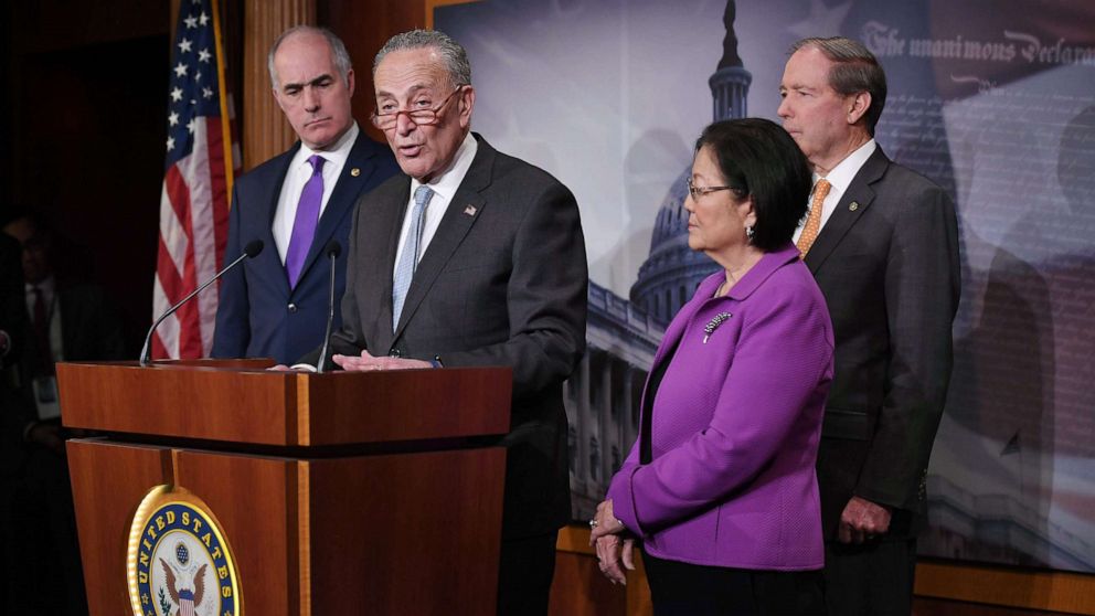 PHOTO: Senate Minority Leader Chuck Schumer speaks to the press ahead of opening statement in the impeachment trial of President Donald Trump, at the U.S. Capitol, Jan. 23, 2020, in Washington, D.C.
