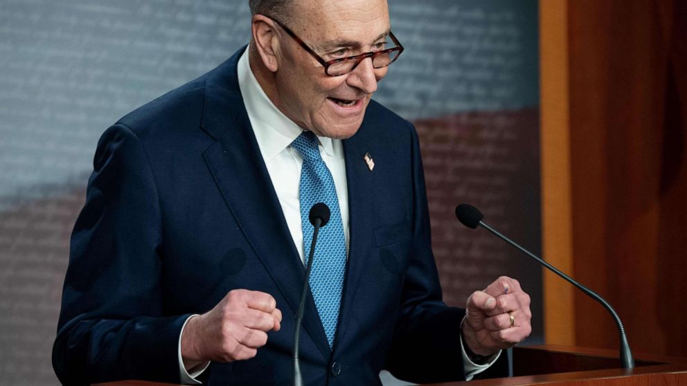 PHOTO: Senate Minority Leader Chuck Schumer speaks during a press conference at the U.S. Capitol in Washington, D.C., Jan. 6, 2021.