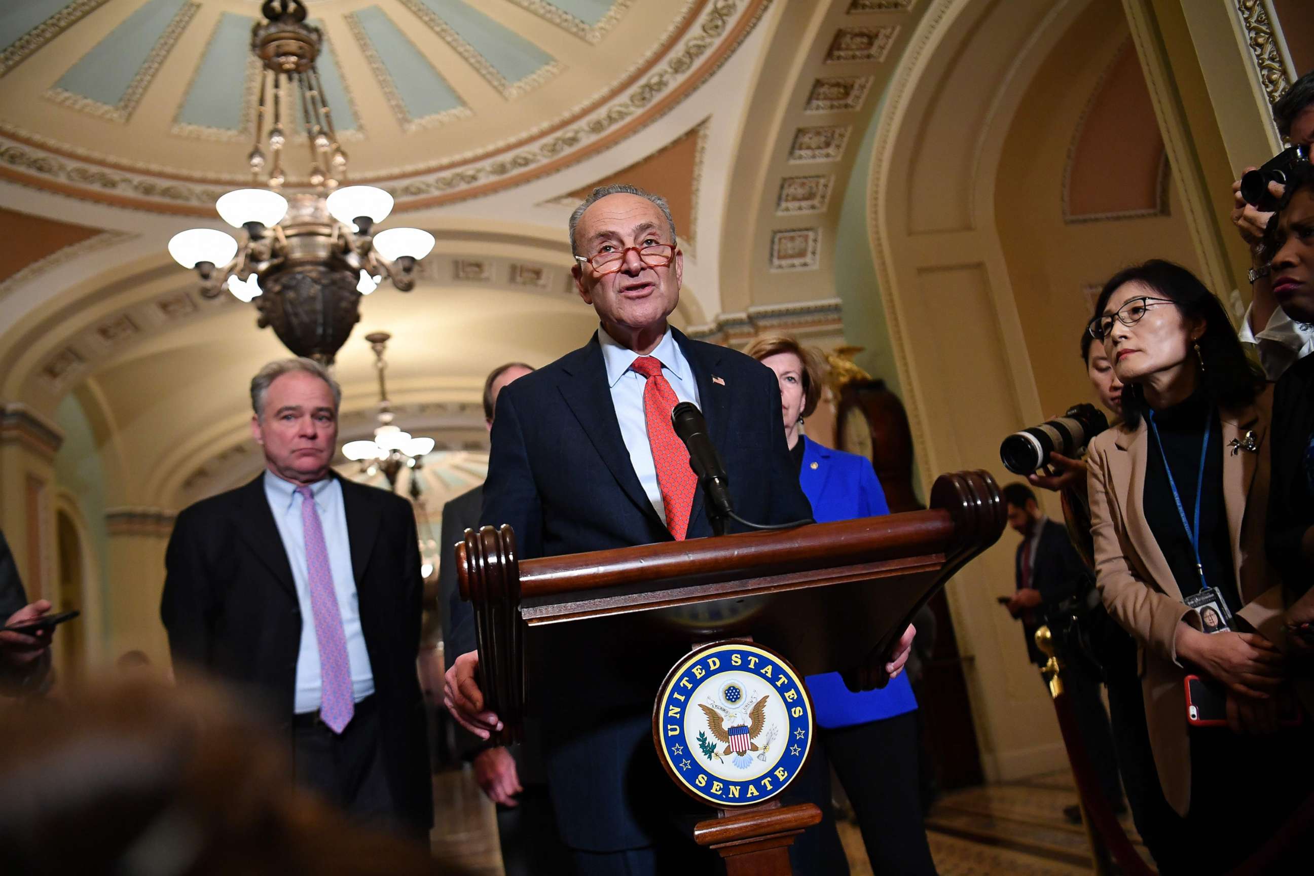 PHOTO: Senator Chuck Schumer speaks after a luncheon on Capitol Hill Jan. 14, 2020, in Washington, D.C.