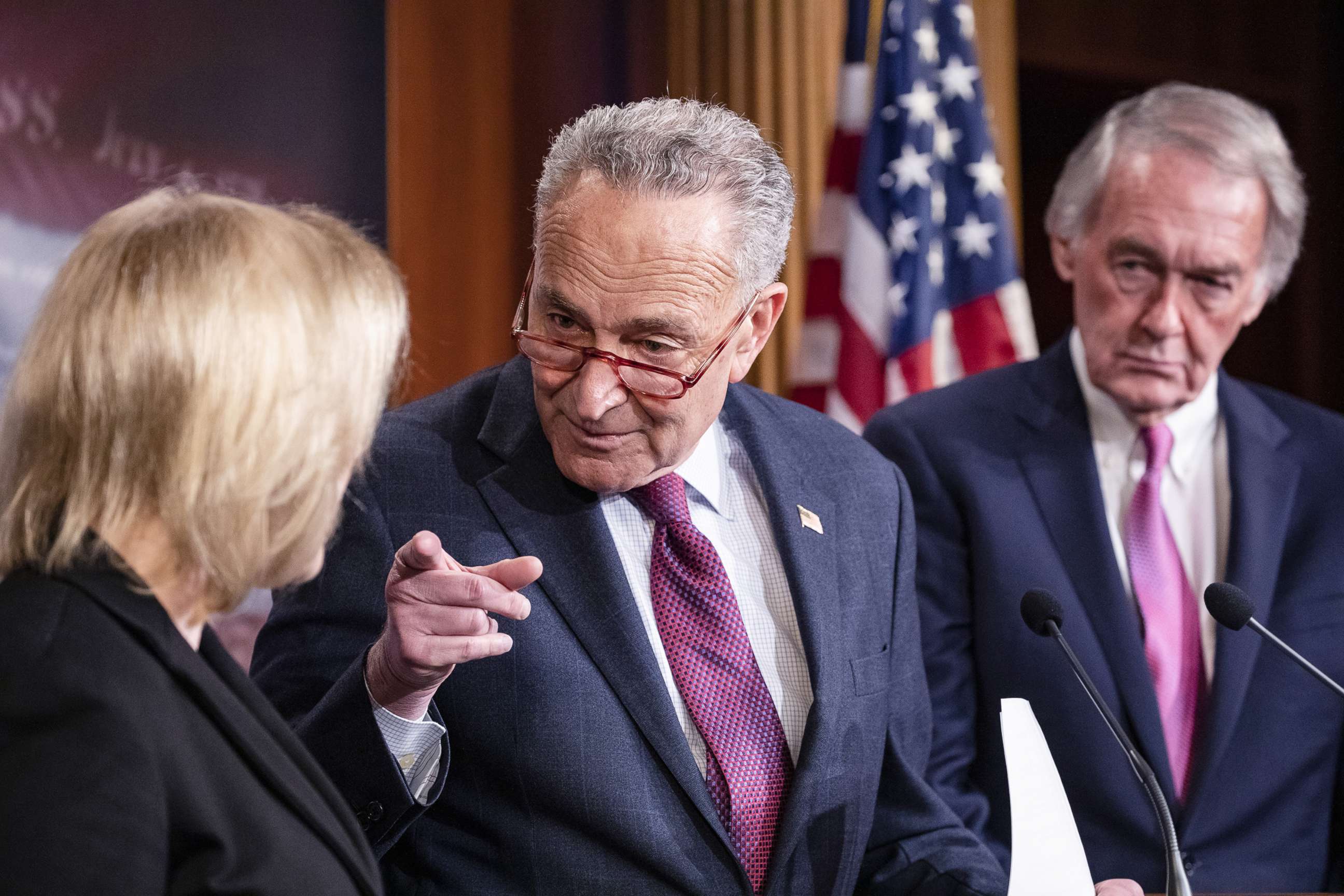 PHOTO: Senate Minority Leader Chuck Schumer points to Democratic Presidential Candidate Senator Kirsten Gillibrand during a press conference on the Senate impeachment trial of President Donald Trump, Jan, 24, 2020 in Washington, D.C.