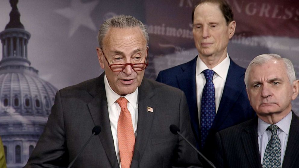 PHOTO: Senate Minority Leader Sen. Chuck Schumer speaks during a news conference at the Capitol Jan. 28, 2020 in Washington, D.C.
