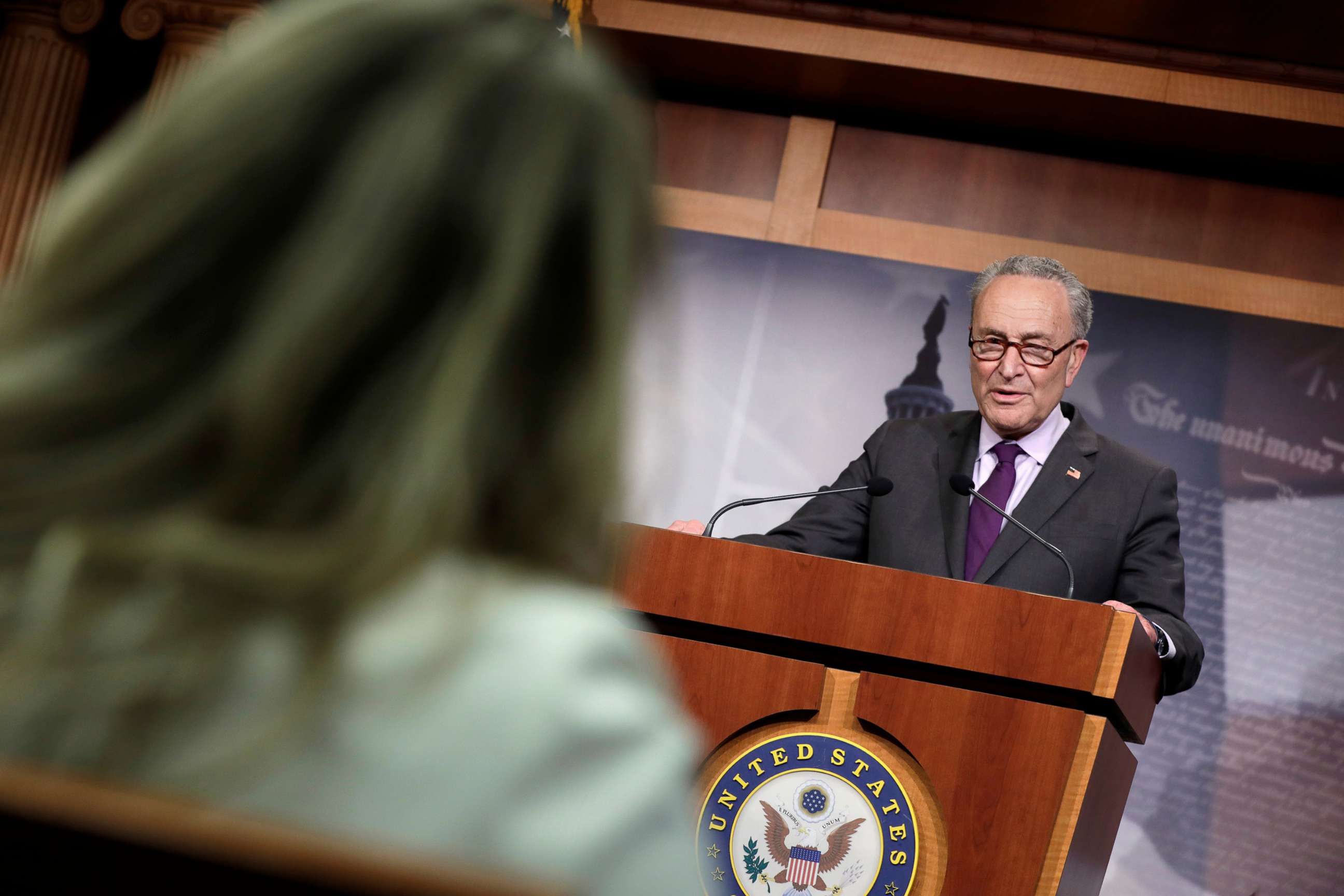 PHOTO: Senate Minority Leader Chuck Schumer (D-NY) speaks at a news conference on the response to the coronavirus disease (COVID-19) outbreak on Capitol Hill, May 19, 2020. 
