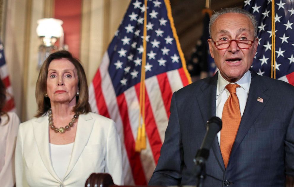 PHOTO: House Speaker Nancy Pelosi and Senate Minority Leader Chuck Schumer hold a news conference to demand that the U.S. Senate vote on the House-passed Bipartisan Background Checks Act, in Washington, D.C., September 9, 2019. 