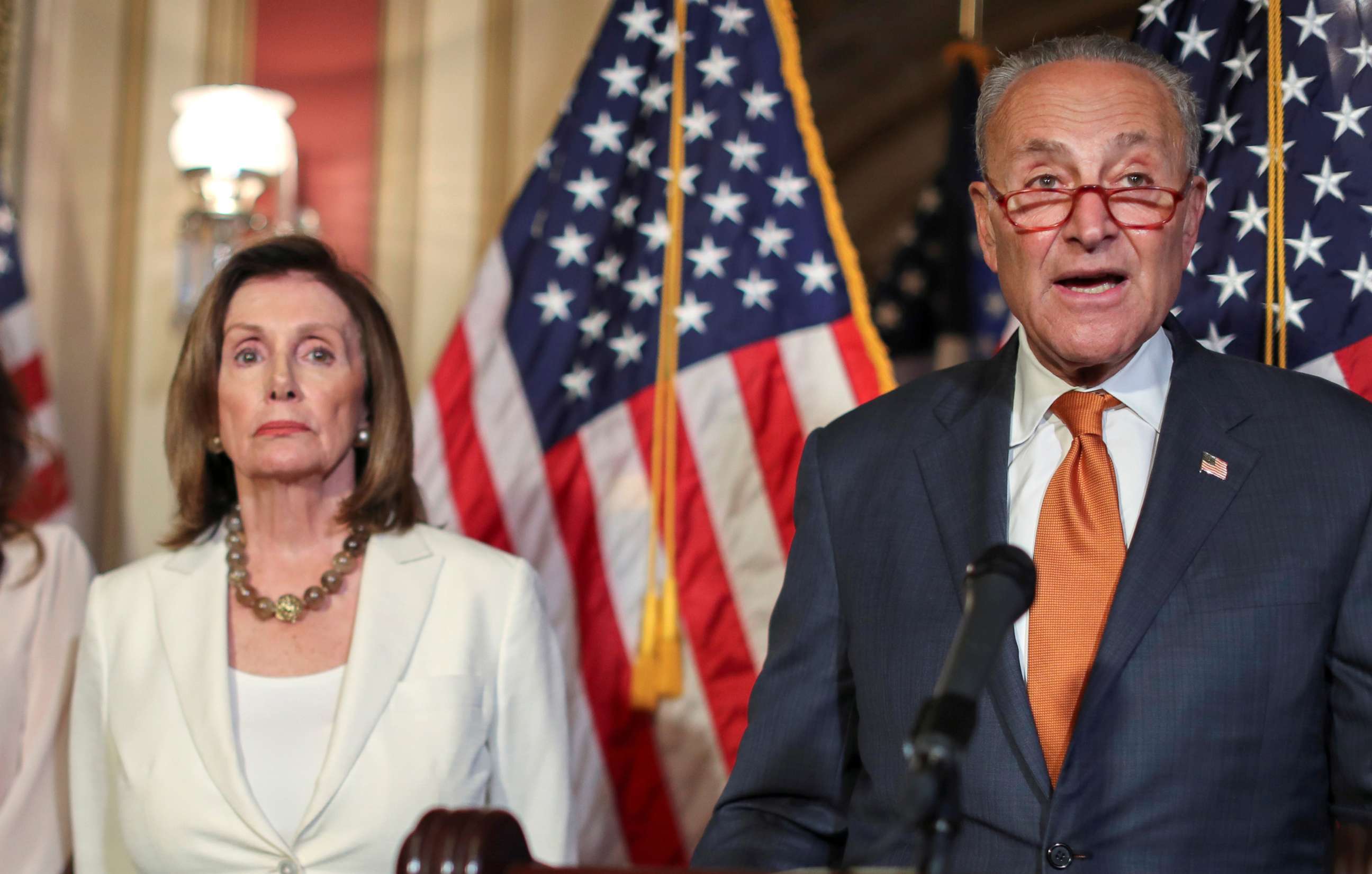 PHOTO: House Speaker Nancy Pelosi and Senate Minority Leader Chuck Schumer hold a news conference to demand that the U.S. Senate vote on the House-passed "Bipartisan Background Checks Act", in Washington, D.C., September 9, 2019.   