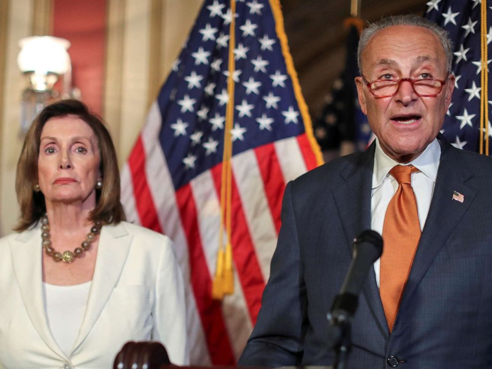 PHOTO: House Speaker Nancy Pelosi and Senate Minority Leader Chuck Schumer hold a news conference to demand that the U.S. Senate vote on the House-passed Bipartisan Background Checks Act, in Washington, D.C., September 9, 2019.