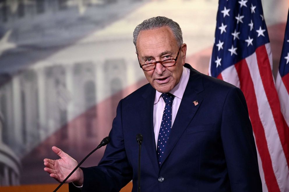 PHOTO:Sen. Minority Leader Chuck Schumer speaks at a news conference with reporters at the Capitol, in Washington, July 23, 2020.